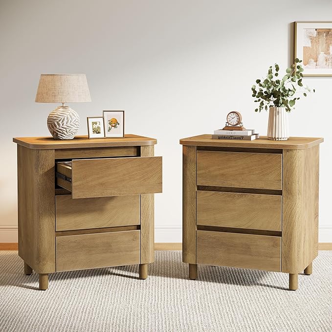 Tribesigns Modern Side Table Set 2 with 3 Drawers, 23.62" Wide End Table for Couch Sofa Living Room, Rustic Brown