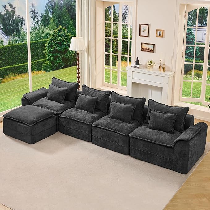 Hobestluk Cloud Modular Sectional Couch 4-Seater Sofa with Ottoman L Shaped Couch Deep Seat Sofa with Removable Cover Large Sofa for Living Room (Dark Grey, 4-Seater Sofa with One Ottoman)