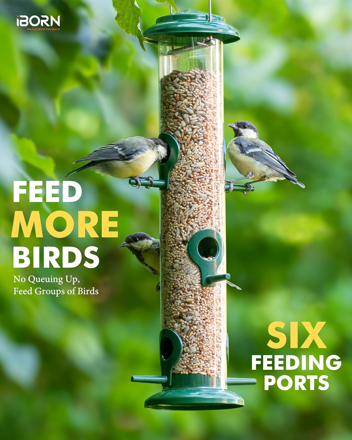 iBorn Metal Bird Feeders 6 Ports Hanging Wild Bird Seed Feeder for Mix Seed Blends, Niger Seed Feeder, Sunflower Heart, Birdbath, Heavy Duty All Metal Green Finishing 14 Inch 6Port, Pack of 2