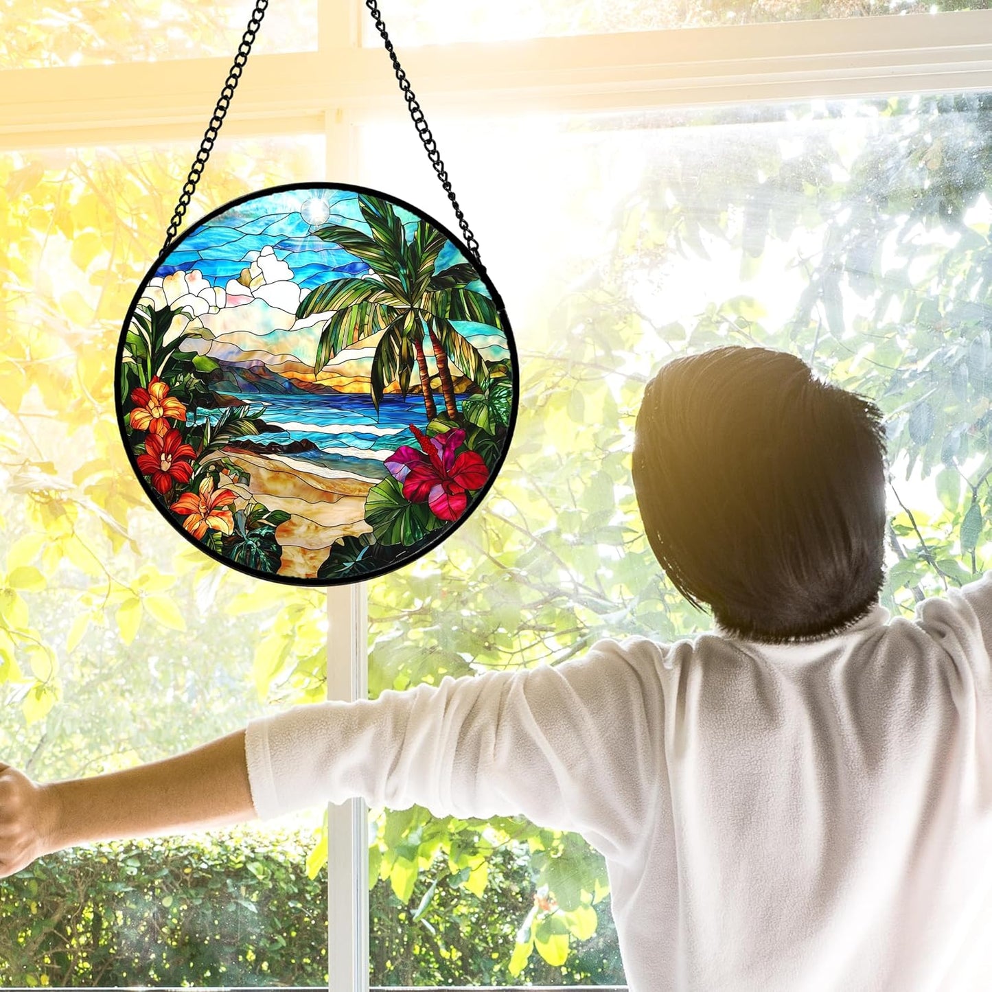 Stained Glass Window Hanging, Blue Beach Scenery Suncatcher Diamond Glass Panel Hangings Sun Catchers Decor for Birthday for Women, Men, Wife, Aunt, and Mom 9.8 in