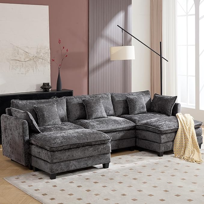 Plush Modular Cloud Sofa Set with Ottoman | L/U-Shaped Deep Seating Chenille Sectional for Family Living Room