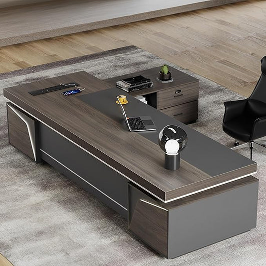 Modern Large Desk, Modern L-shaped Desk With Side Cabinets, Executive Desk With Combination Lock Drawer, Business Furniture Desk With Simple Cable Management (chair Not Included)(63x29.5x118inch)