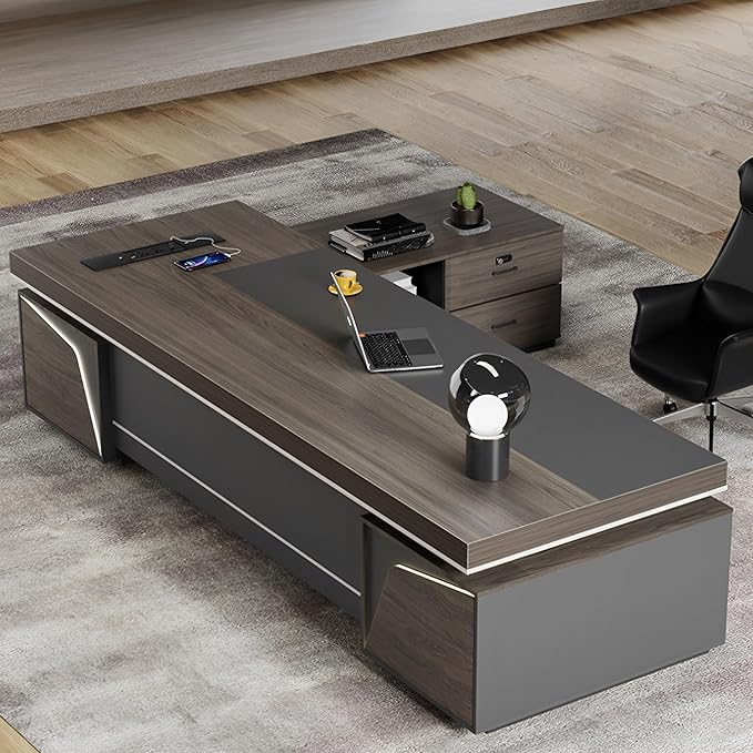 Modern Large Desk, Modern L-shaped Desk With Side Cabinets, Executive Desk With Combination Lock Drawer, Business Furniture Desk With Simple Cable Management (chair Not Included)(63x29.5x102.3inch)