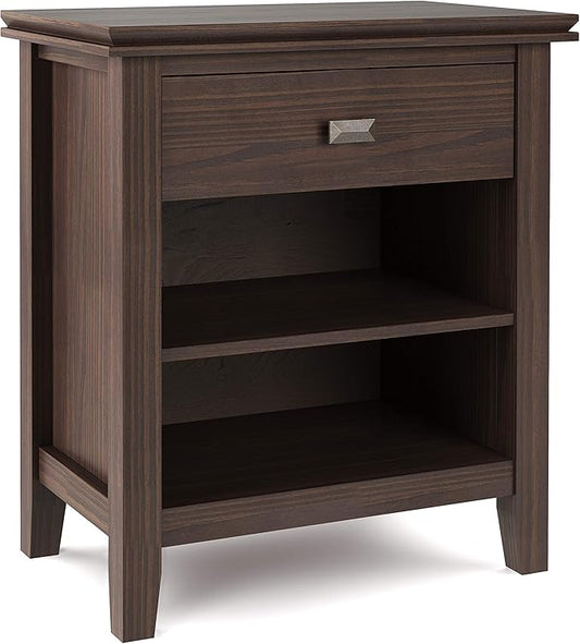 SIMPLIHOME Artisan Bedside Table - 24 inch Wide Solid Wood Nightstand Table in Warm Walnut Brown, Contemporary Bedroom Side or End Table with 1 Drawer, Open Shelf Storage and Bronze Knobs