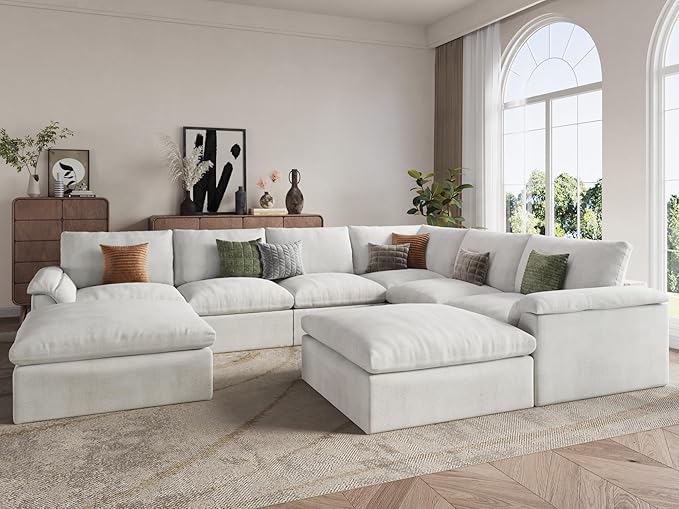 EASE MOOSE Oversized Sectional Cloud Couch-8-Seat, Corner V-Shaped Deep-Seat Modular Boneless Sofa, No-Assembly Chenille Sofa for Living Room, White
