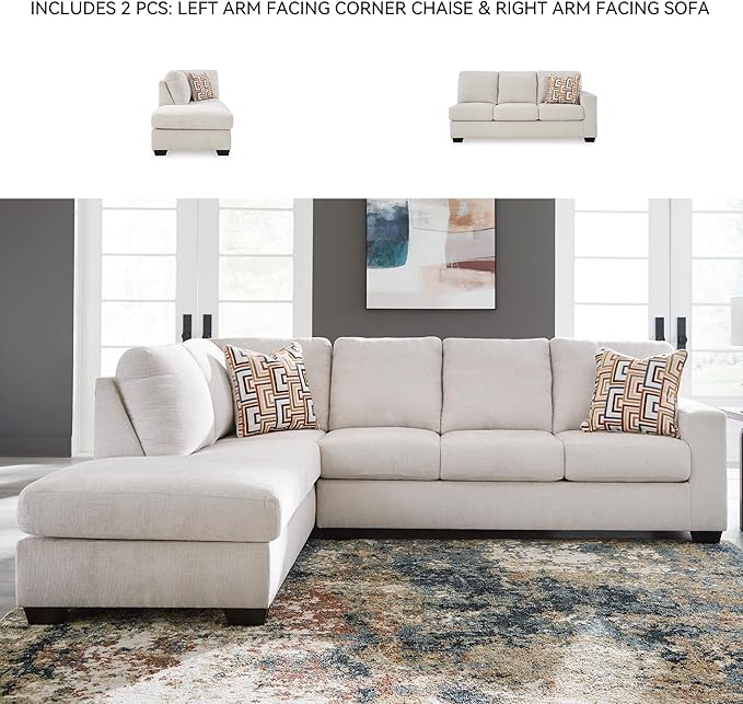 Signature Design by Ashley Aviemore Casual L-Shaped 2-Piece Sectional with Chaise and Loose Seat Cushions, Accent Pillows Included, 110" Wide, Light Gray