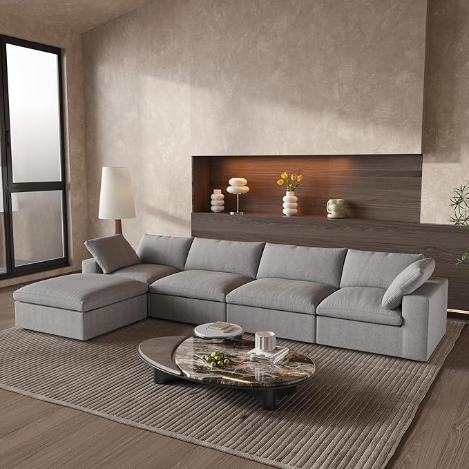 Cloud Couch Modular Sectional Sofa with Storage Ottoman,160.6" L Shaped Couch for Living Room,Down Filled 5 Seater Gray Convertible Sectional Sofas,Covers Washable&Replaceable
