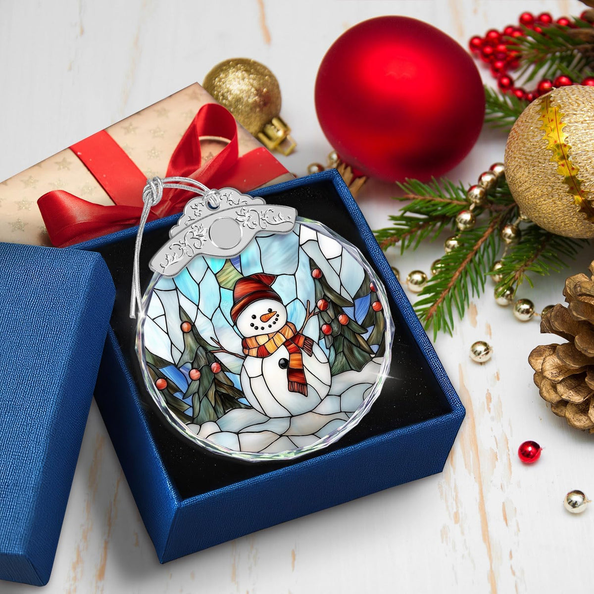 Stained Glass Ornament - Snowman Christmas Ornaments - Xmas Decor - Ornaments for Christmas Tree - Holiday Presents - Gift Exchange Ideas - Car Hanging Decoration - Wine Bottle Decor