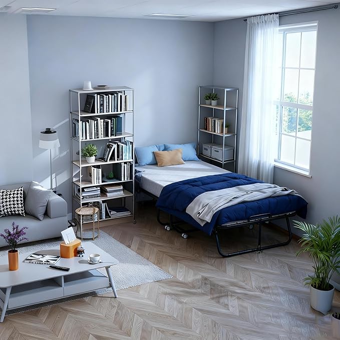 Pataku Folding Bed with Mattress, Twin Foldable Bed, Roll Away Beds for Adults, 75" x 38" Roll Away Portable Beds with 5" Mattress, Folded Frame for Small Apartment, Guest Room