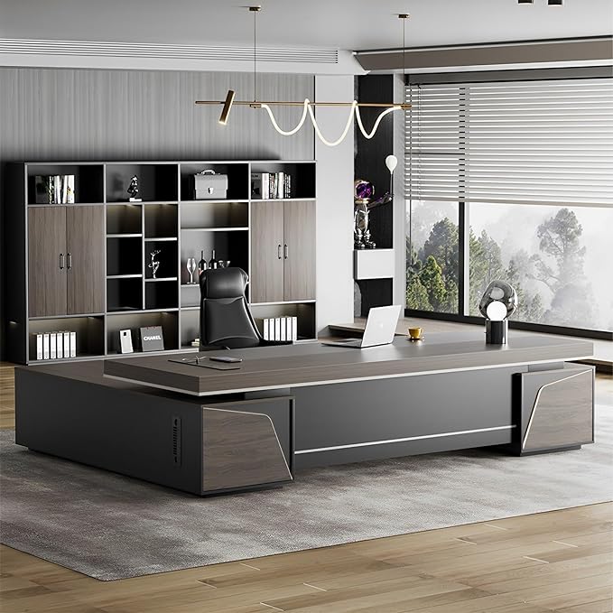 Modern Large Desk, Modern L-shaped Desk With Side Cabinets, Executive Desk With Combination Lock Drawer, Business Furniture Desk With Simple Cable Management (chair Not Included)(63x29.5x86.6inch)