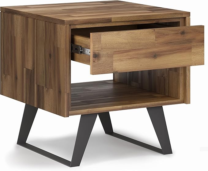 SIMPLIHOME Lowry SOLID ACACIA WOOD and Metal 22 Inch Wide Square Modern Industrial End Side Table in Distressed Golden Wheat, For the Living Room and Bedroom