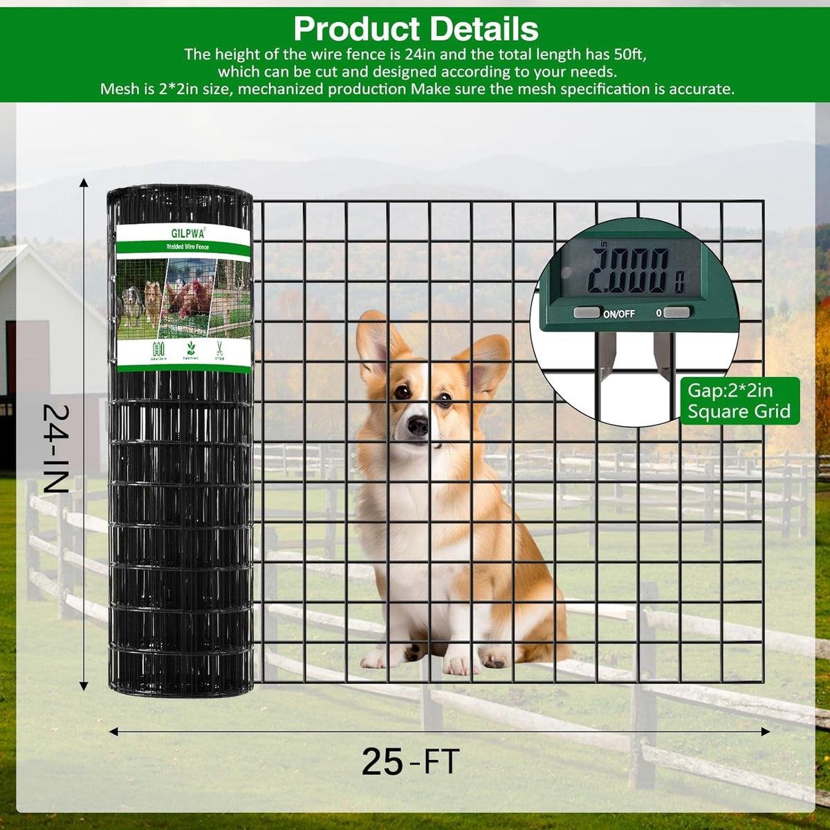 Wire Fence, 24 in(H) X 25 ft(L) PVC Coated Welded Wire Fencing 2" X 2" 16GA Garden Border Vinyl Metal Chicken Wire Fencing Mesh Roll for Yard Vegetable Plant Protection Poultry Netting Black