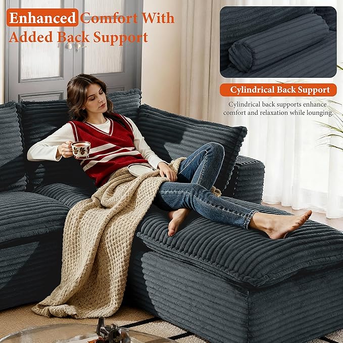 108" Sectional Couches for Living Room Boneless Couch Upholstered Cloud Couch Sectional Modular Sectional Sofa with L Shaped (Corduroy-Blue, 3 Seat+2 Ottoman)