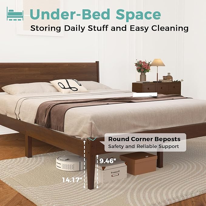 Full Size Bed with Headboard, Mid Century Malaysian Oak Bed, Wooden Platform Bed Frame with Storage, No Box Spring Needed, Easy Assembly, Full Size, Antique Espresso