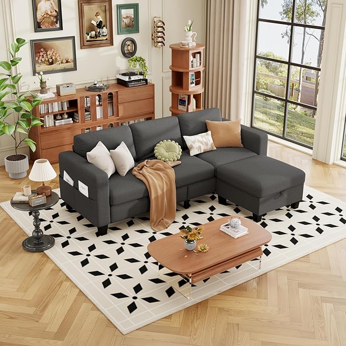 ZeeFu Sectional and Sofa Couches for Living Room - 78'' 3 Seater L-Shaped Modular Couch with Storage Ottoman - Modern Velevt Fabric Upholstered Sofa Set for Small Space Apartment Office