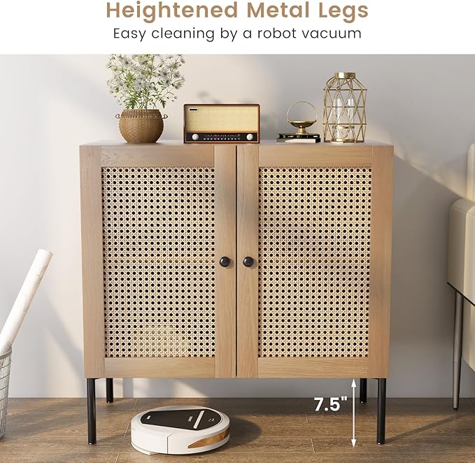 COSTWAY Buffet Cabinet with Storage, Storage Sideboard with Rattan Decorated Doors, Adjustable Shelf, Metal Legs, Accent Cabinet, Buffet Table Credenza for Hallway, Entryway, Living Room (1, Oak)