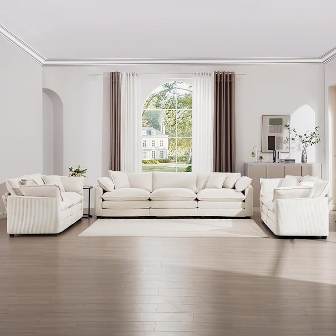 mikibama Luxury 3 Piece Sofa Set, 3-Seater & 2 Loveseat Couch Set, Modern Corduroy Comfy Cloud Couches Set for Living Room Office with 6 Armrest Pillows and 7 Toss Pillows, Beige