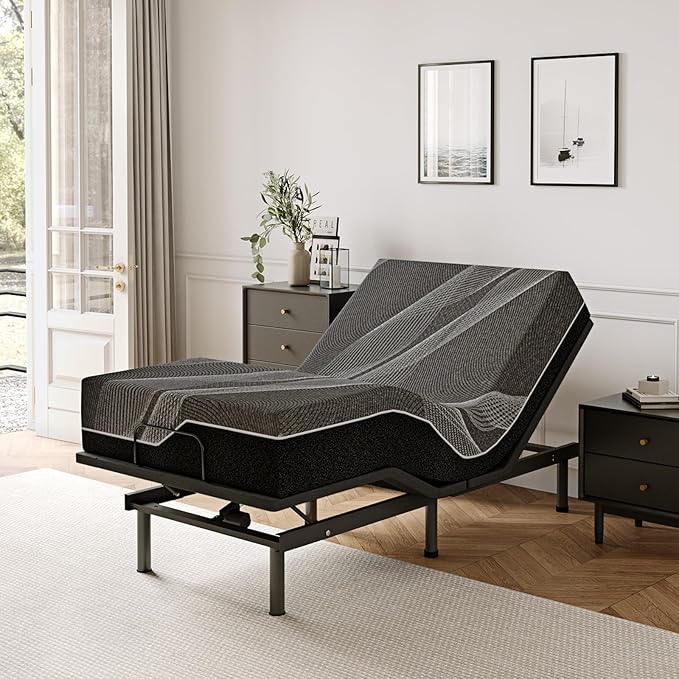 Full Adjustable Bed Base Frame with Wireless Remote + 14 Inch Full Gel Memory Foam Mattress Bed in a Box, Head and Foot Incline, Zero Gravity, Fiberglass Free, 75" × 54"