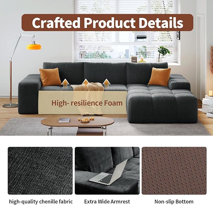 114” Oversized Modular Sectional Couch for Living Room, Chenille Boneless Couch L-Shape Cloud Sofa with Deep Seat and Chaise, Memory Foam Compressed Sofa for Living Room Furniture Bedroom Apartment