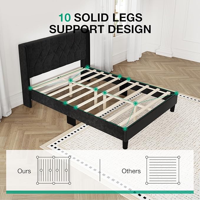 Novilla Queen Size Bed Frame, Queen Bed Frame with Headboard, Velvet Upholstered Pull-Point Wing Side Headboard, No Box Spring Needed, Heavy Duty Feet, Easy Assembly, Black Velvet