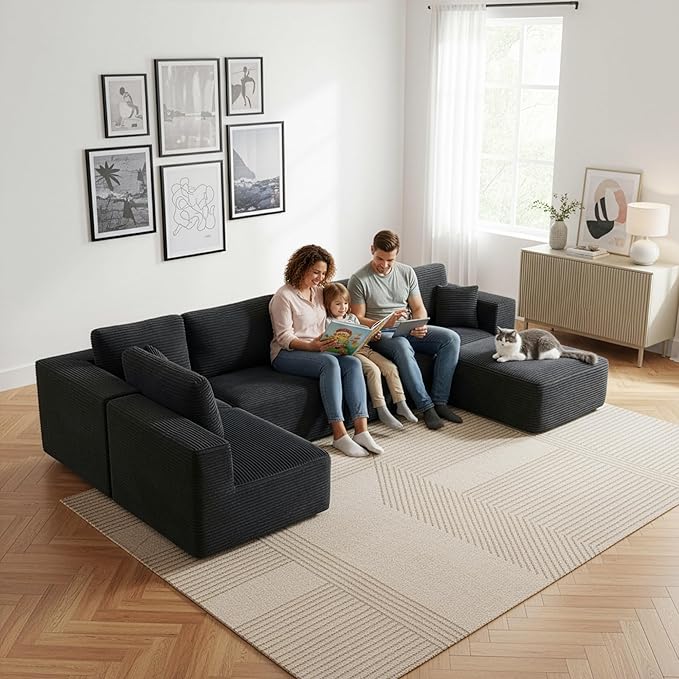 Modular Sectional Cloud Couch for Living Room,Modern Boneless Couche Set with Plush Corduroy,Comfy Floor Sofa with Memory Foam,Stupendous U Shaped Sofa with Ottoman,No Assembly Required,Black