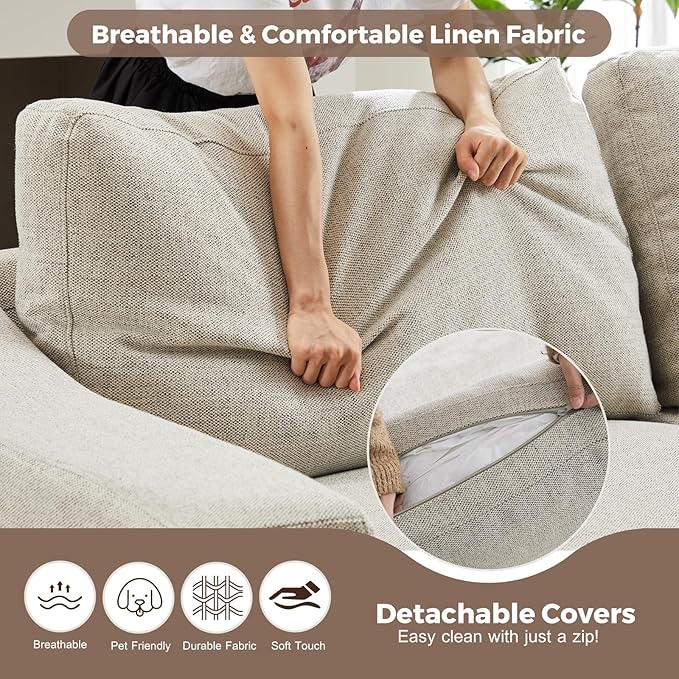 ABCASA 112" Convertible Sectional Sofa, Large L Shaped Couch with Detachable Sofa Cover, Modular Couch for Living Room, Breathable Linen Fabric Corner Sofa for Apartment, Oatmeal