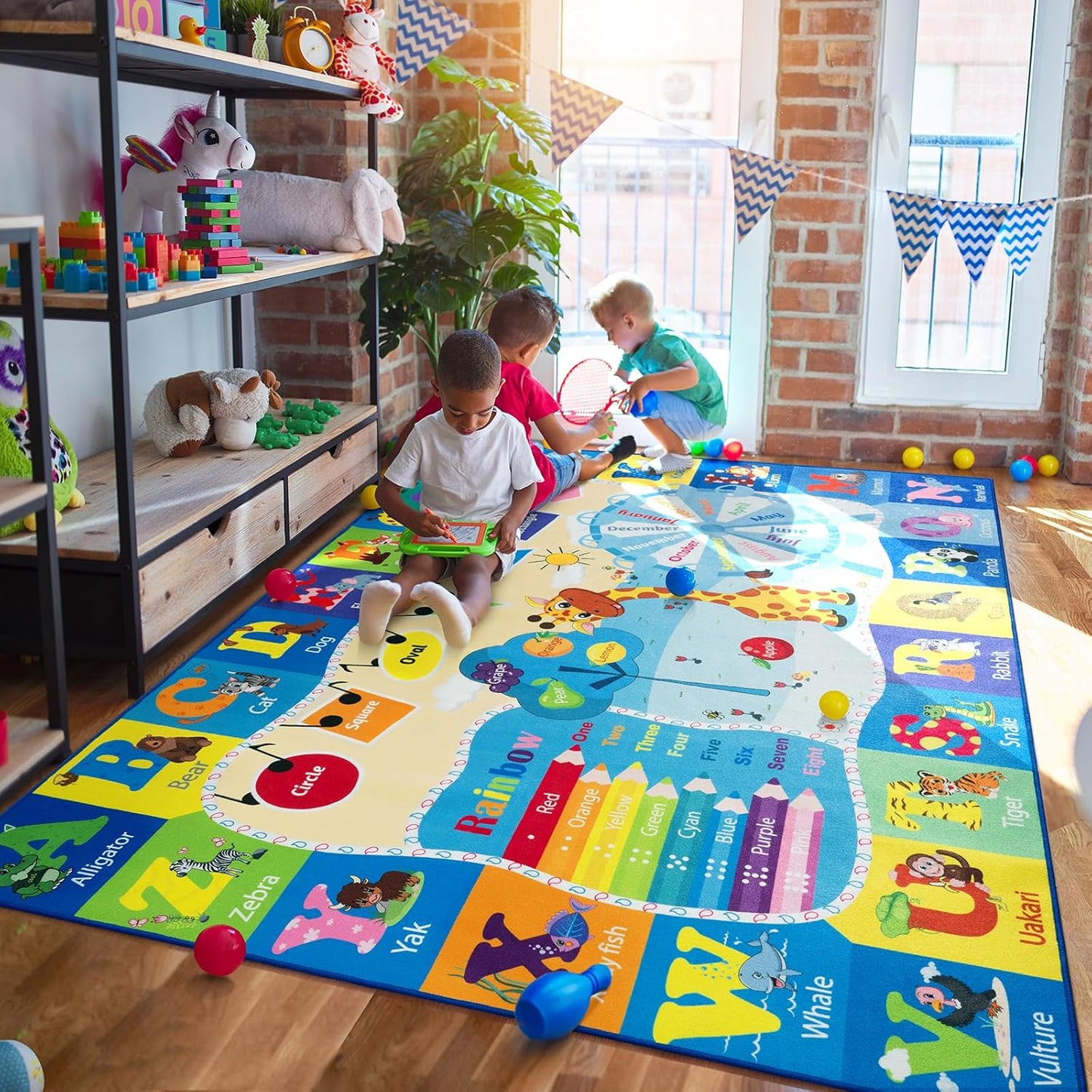 Kids Rugs for Playroom Bedroom Classroom Nursery, Non-Slip and Washable Rugs for Children Toddlers Girls, Educational and Fun Rug Carpets with ABC Alphabet Animals Shapes, 7x10, Blue