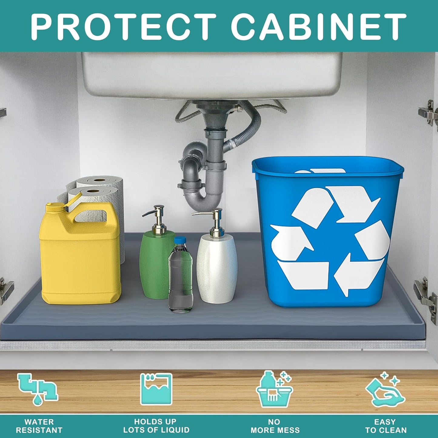 URMONA Waterproof Silicone Under Sink Mat 28'' x 19'' Shelf Liner for Kitchen and Bathroom, Cabinet and Counter Protector, Storage and Organizers, Litter Mat, Pet Cat Puppy Essentials(Black)