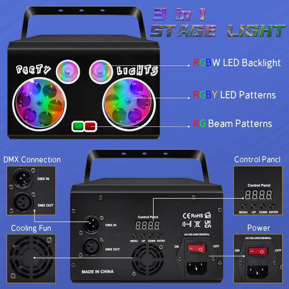 LED Patterns Stage Ligths, Party Lights Dj Disco Lights with Remote & DMX Controlled, Sound Activated Strobe Patterns for Party or Event, Game Dances, Karaoke Light (8.7"x6.3"x7.5")