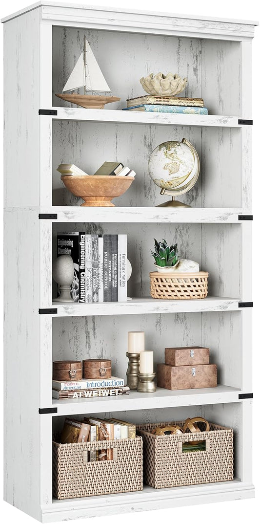 IDEALHOUSE 5 Tier Bookcase, Farmhouse Book Shelf with Storage, Tall Book Case Wooden 5 Shelf Bookcase for Home Office, Living Room, Bed Room (White, 67.4" H x 31.5" W x 12.8" D)