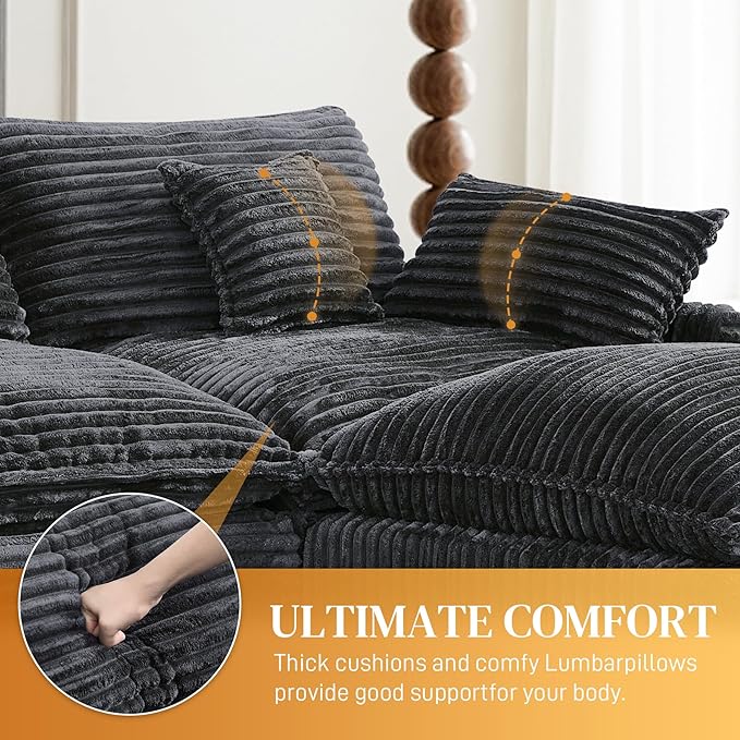 HYJT-H&K 145" U Shaped Cloud Couch Modular Dark Grey Sectional Couches for Living Room, Comfy Fluffy Corduroy Oversized Cloud Sectional Couch Large 6 Seat Sectionals Sofa Set Central Console USB Port