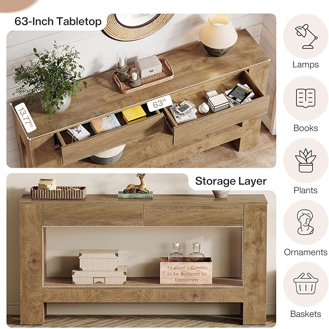 Tribesigns 63" Console Table with 2 Drawers, Farmhouse Entryway Table with Storage Shelf and Sturdy Legs, Wooden Sofa Table for Living Room, Hallway, Entrance (Brown)