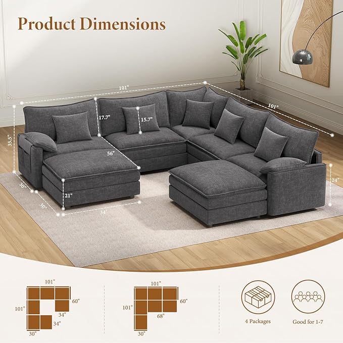 Vesgantti 108" V-Shaped Corner Couch Sectional, 7 Seat Customizable Modular Cloud Couches with Movable Ottoman, Chenille Deep Seat Sofa Set with Chaise for Living Room, Bedroom and Apartment, Gray