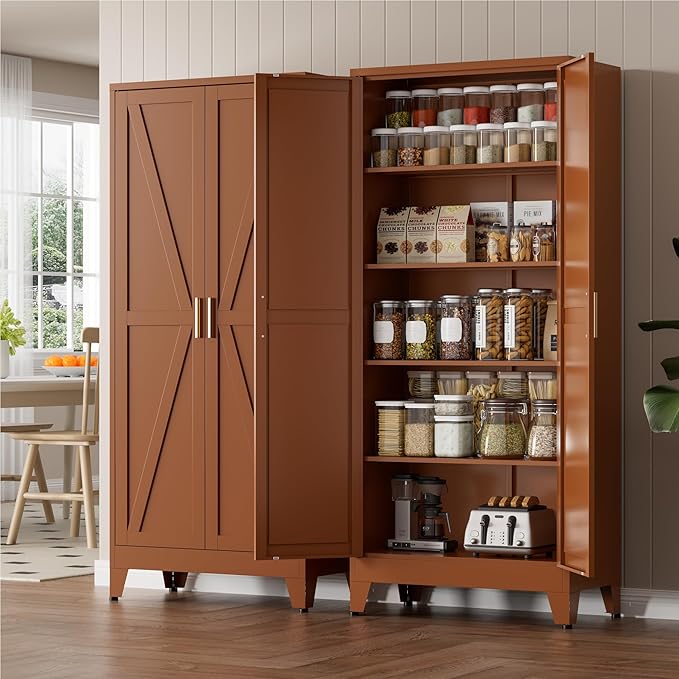 71" Tall Metal Storage Cabinet with 2 Doors and 4 Adjustable Shelves, 5-Tier Kitchen Pantry Storage Cabinet for Kitchen, Living Room, Dining Room and Office, Brown
