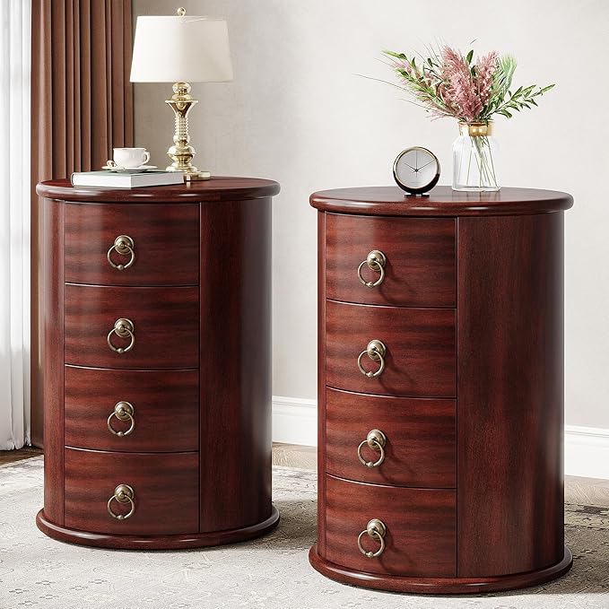 Tribesigns Solid Wood End Table, Round Side Table with 4 Drawers, Vintage Bedside Table Nightstand for Small Spaces, Living Room, Bedroom, No Assembly Required (2, Cherry Brown)