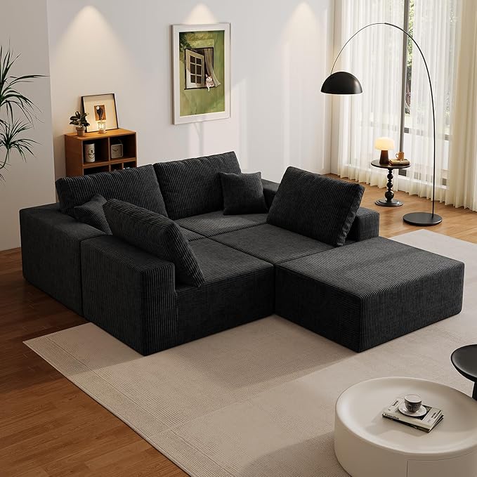 139" Boneless Cloud Sectional Couch for Living Room, Compressed Modular L-Shaped Sofa with Deep Seat, Frameless Corduroy Couch in Boxes, No Assembly Required 4-Seater (Right-Facing Chaise, Black)