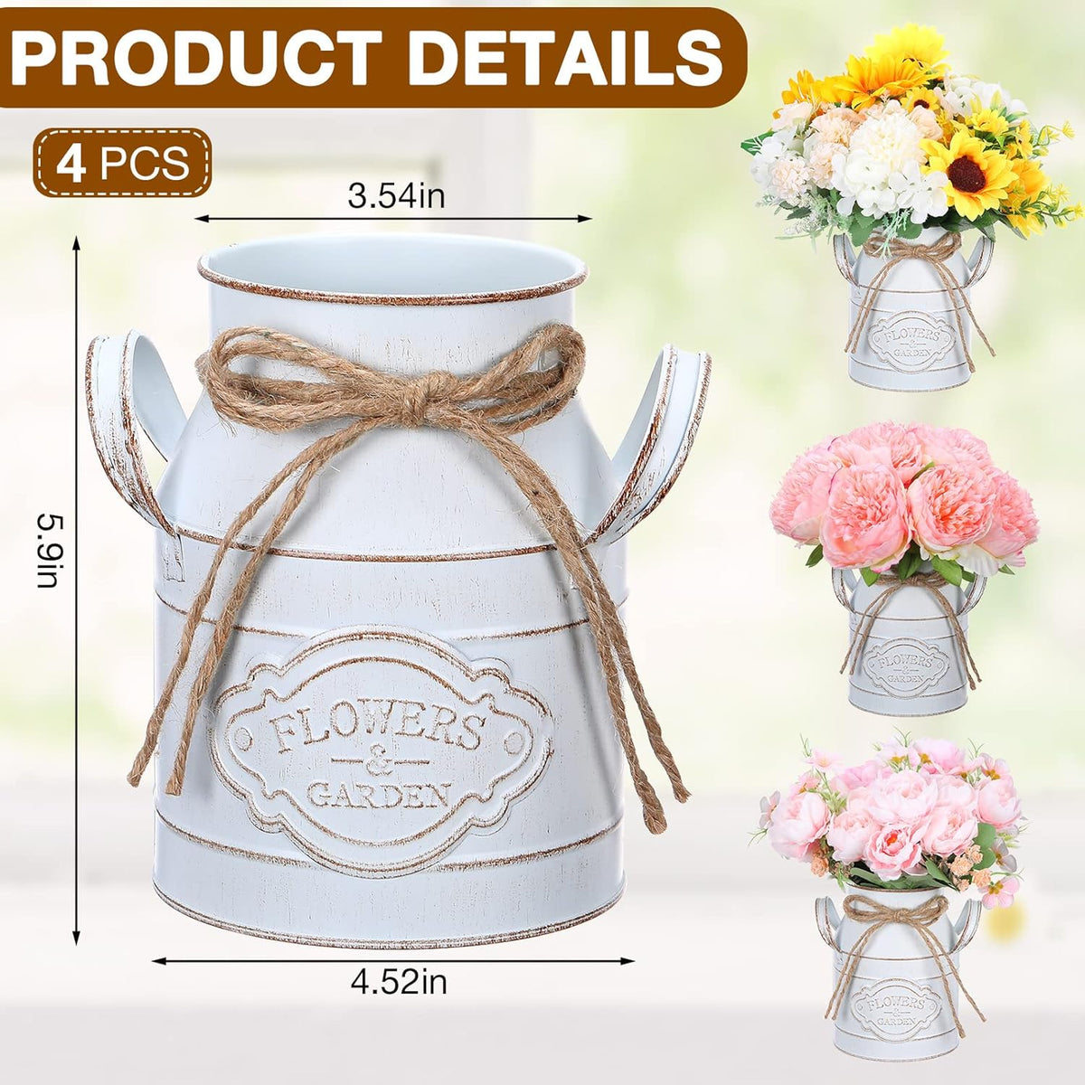 6 Inch Farmhouse Vase Decor Milk Can Vintage Flower Jug Galvanized Metal Vase with Handle Rustic Flower Buckets for Thanksgiving Christmas Table Centerpiece Weddings Gifts(Retro White,4 Pcs)