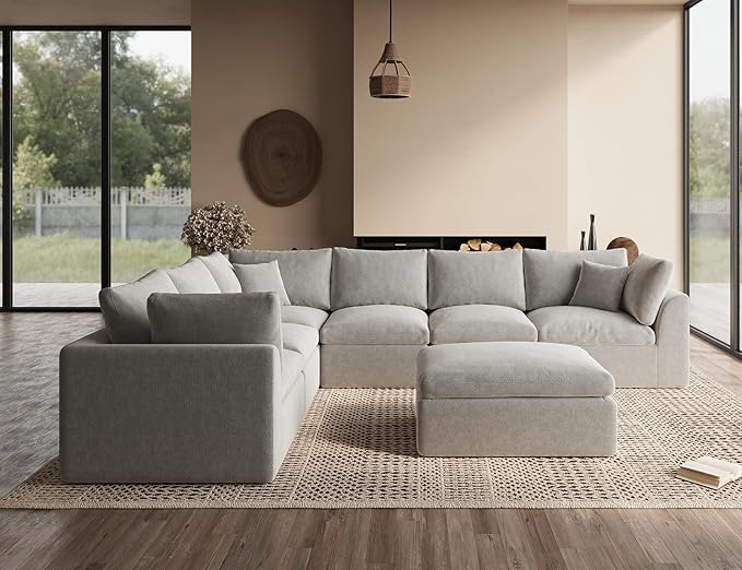 Oversized Cloud Couches for Living Room, Boneless Sectional Couch with Ottoman, 7 Seater Large Modular Sectional Sofa, Light Grey