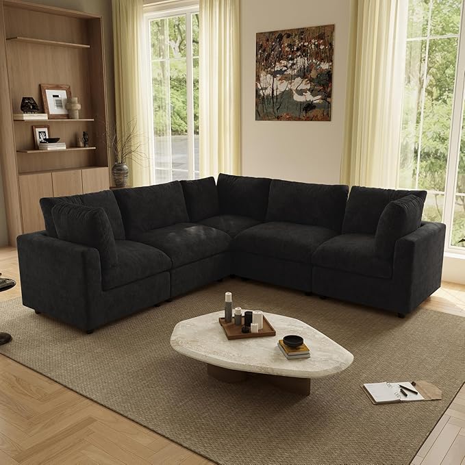 WJShome V Shaped Sectional Couch 100 Inch 5-Seater Modern Modular Sofa,Chenille Deep Seat Couches for Living Room, Bedroom and Apartment，Black