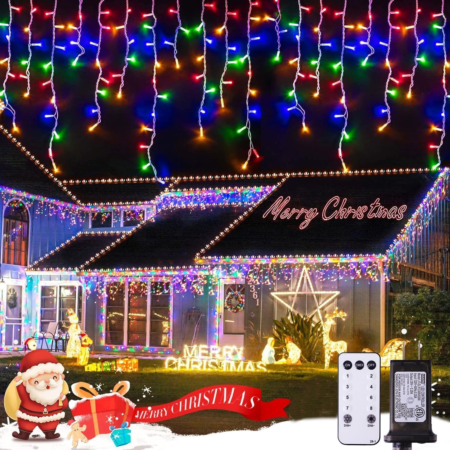 JMEXSUSS 400 LED 38.8Ft Icicle Christmas Lights With Remote - Outdoor Multicolor String Lights Plug in, 8 Mode for Outside Indoor House Yard Patio Eave Decorations