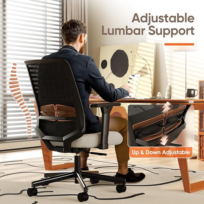 Ergonomic Office Chair, Mesh Computer Desk Chairs with Adjustable Lumbar Support, 3D Armrests, Tilt Function, Comfy Wide Seat, Swivel Executive Work Task Chair for Company and Home