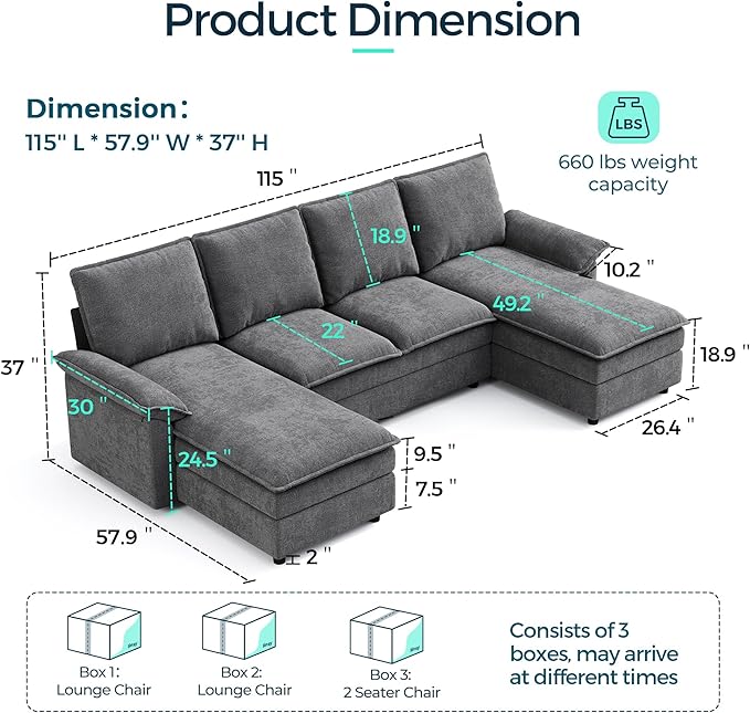 LINSY HOME U Shaped Cloud Couch Sectional Sofa, 115" Modular Couches with Double Chaise Lounge, Chenille 4 Seater Sofa Set for Living Room, Apartment, Office, Grey