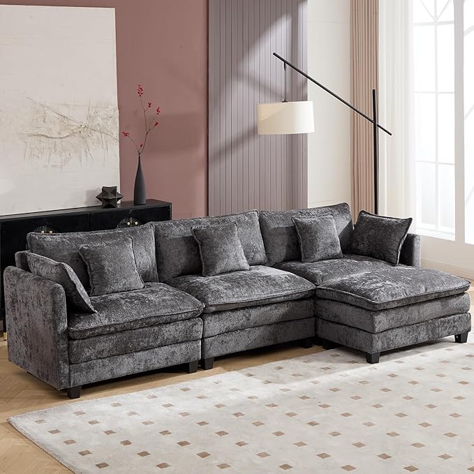 Plush Modular Cloud Sofa Set with Ottoman | L/U-Shaped Deep Seating Chenille Sectional for Family Living Room