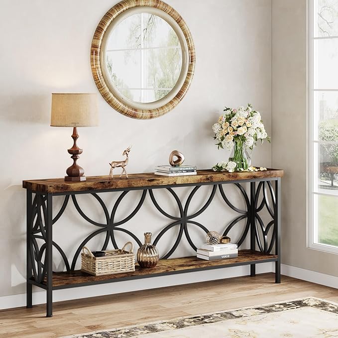 Tribesigns 70.9-Inch Narrow Sofa Table, 2-Tier Industrial Console Table Behind Couch, Long Entry Tables with Storage for Entryway, Living Room, Foyer, Hallway, Rustic Brown
