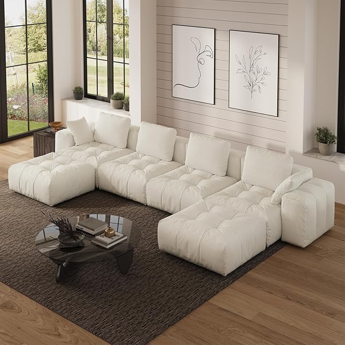 Cloud Sectional Couches, Comfort Linen U-Shape Modular Sofas with Wide Deep Seat, Down Filled Modern Upholstered Sofa Couch for Living Room, Apartment,Cream White