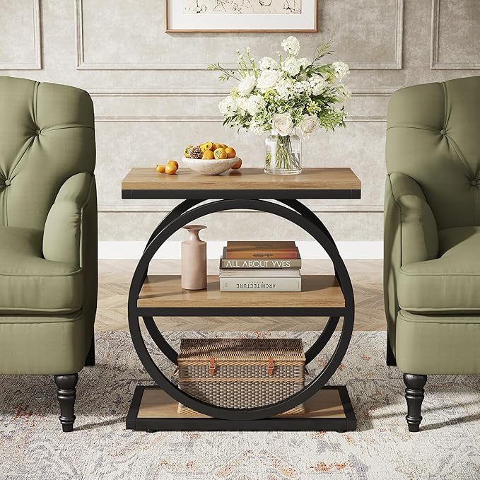 Tribesigns Side End Table with 3 Storage Shelves, Industrial Sofa Table with Round Metal Frame for Living Room, Engineered Wood Nightstand for Bedroom, Oak
