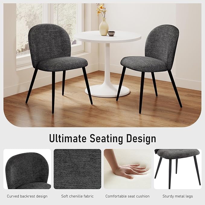 Upholstered Dining Chairs Set of 2, Modern Kitchen Side Chair with Padded Seat Comfortable Chenille Fabric Study Black Matel Legs,Desk Chair with Back for Dining Rooms, Black