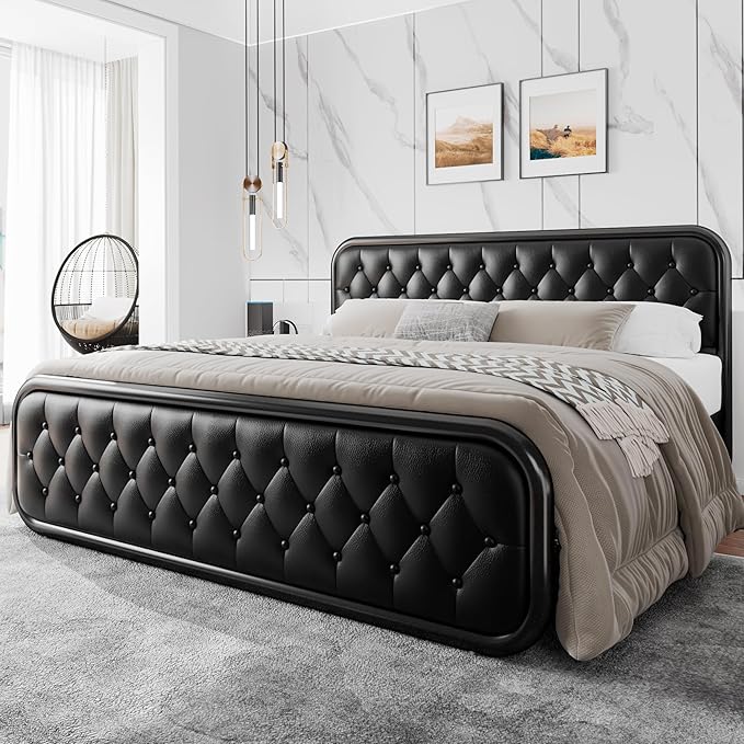 King Size Bed Frame, Upholstered Bed with Button Tufted Leather Headboard and Footboard, Metal U-Shape Support Foundation, No Box Spring Required, Black