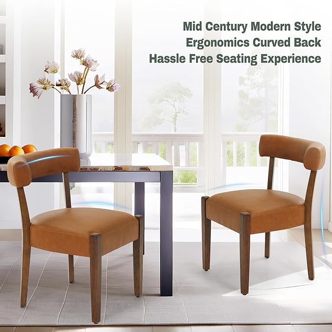 Modern Dining Chairs Set of 4, Faux Leather Upholstered Kitchen & Dining Room Chairs, Mid Century Modern Wooden Dining Chairs Oversized Sturdy Rounded Chairs Curved Back, Brown