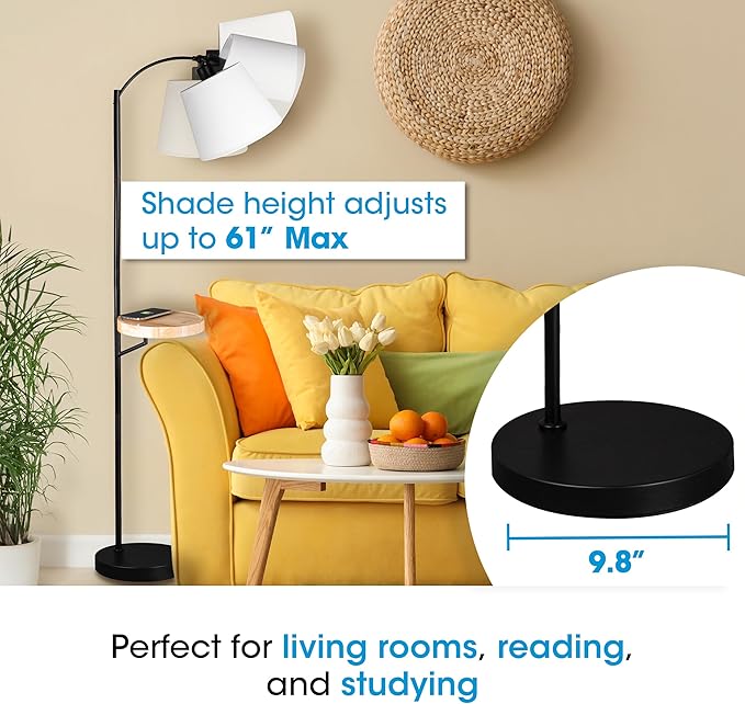 OttLite Good Housekeeping Shaded Modern LED Floor Lamp for Bedroom with Tray, Wireless Charging Table, Designed to Reduce Eyestrain, Adjustable Shade, ClearSun LED Bulb, Reading Light & Studying Lamp